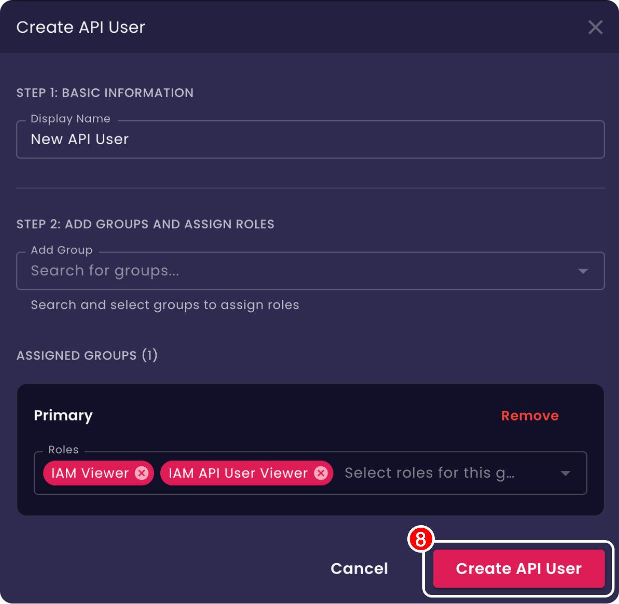 Create API User Dialog 4